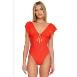 NWT Trina Turk Monaco Bold Deep V Cutout One-Piece Swimsuit Sz 10 Flame Orange